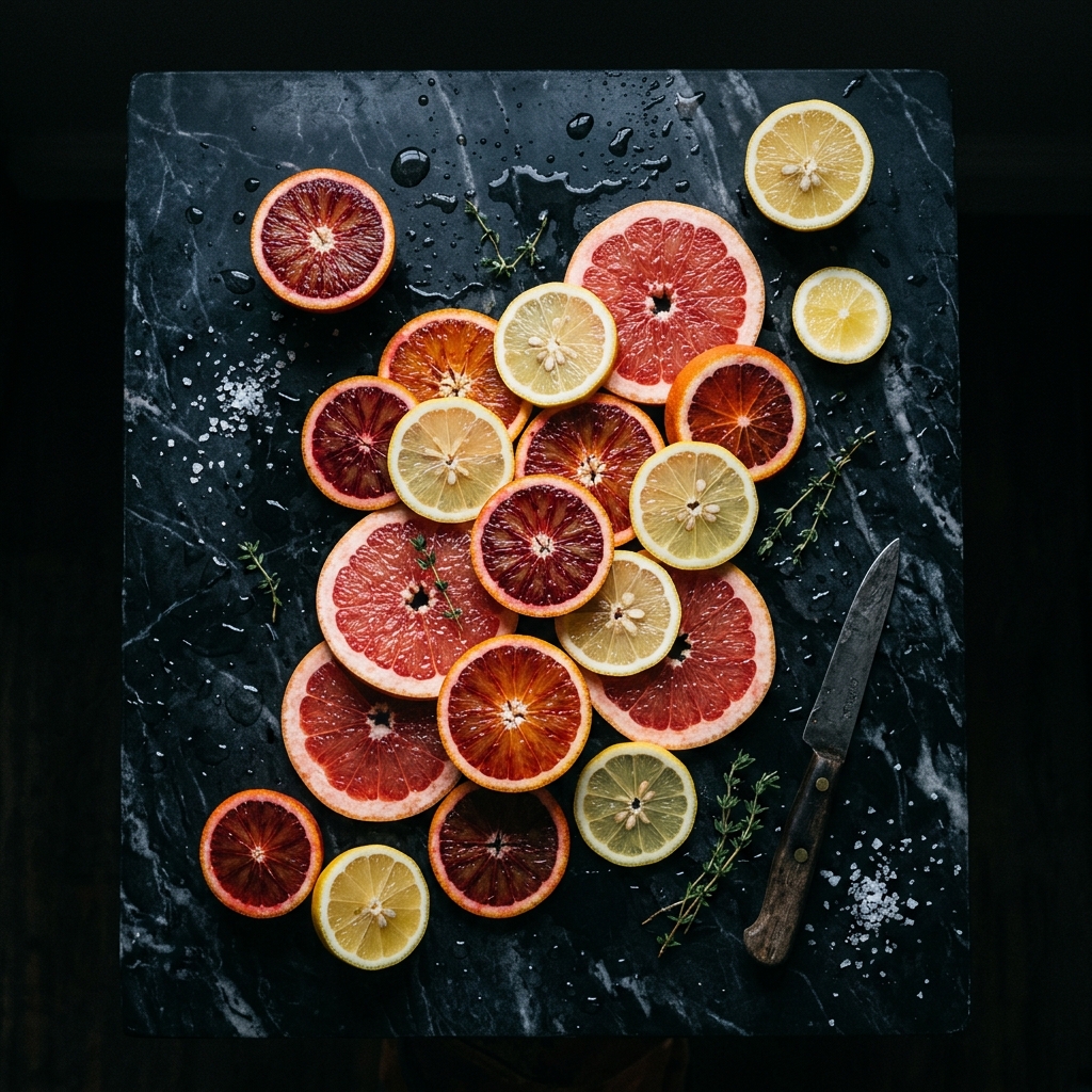 fresh citrus fruits sliced on dark marble