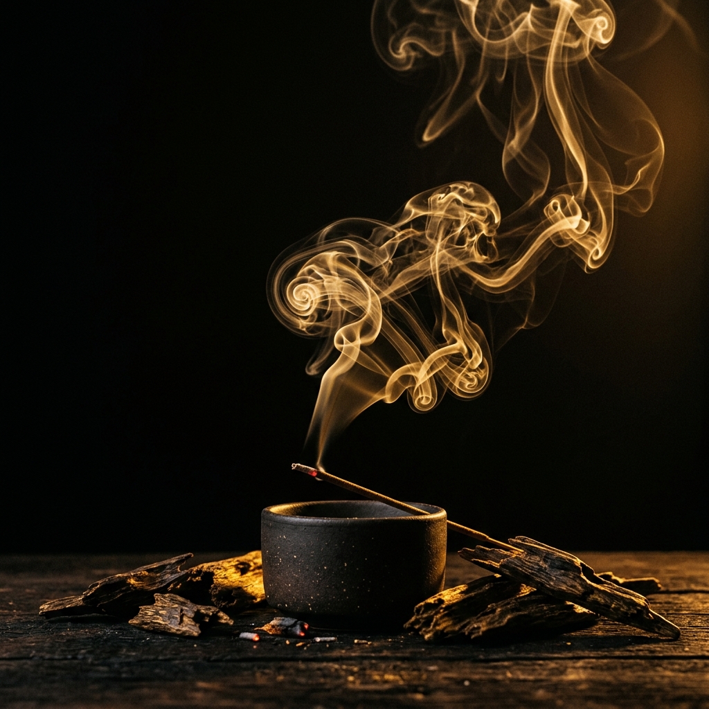 smoky incense trails in a dimly lit temple