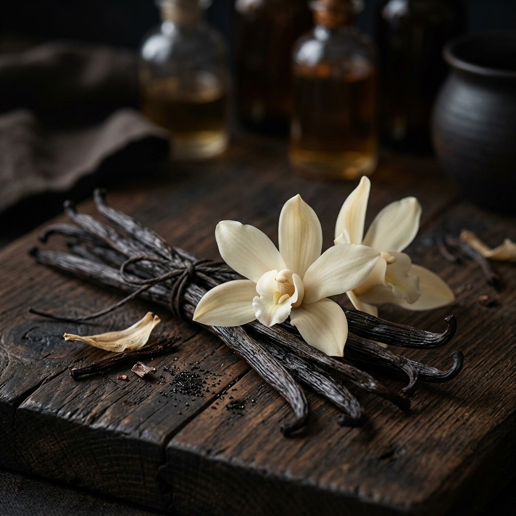 vanilla bean pods on dark wood